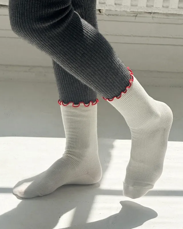 Ruffled Modal Socks - Cream + Red Edge sold by ban.do