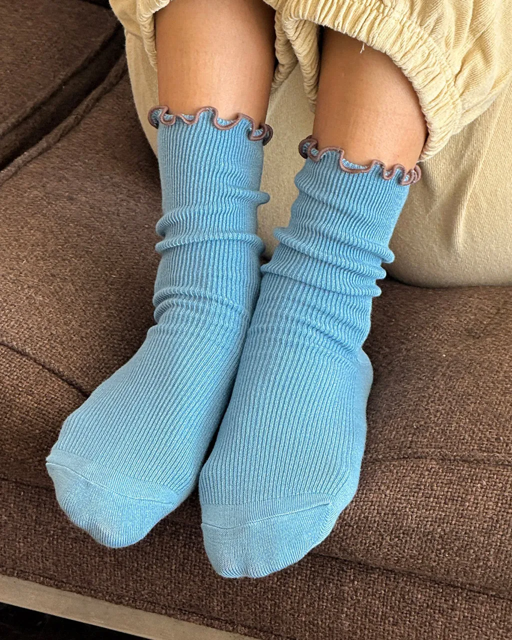 Ruffled Modal Socks - Powder Blue + Brown Edge sold by ban.do product image thumbnail 3