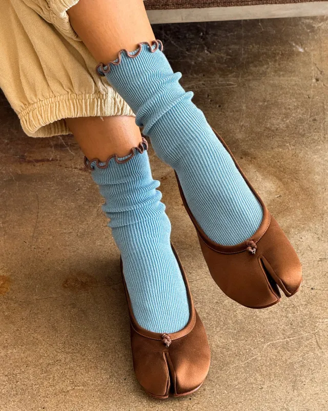 Ruffled Modal Socks - Powder Blue + Brown Edge sold by ban.do
