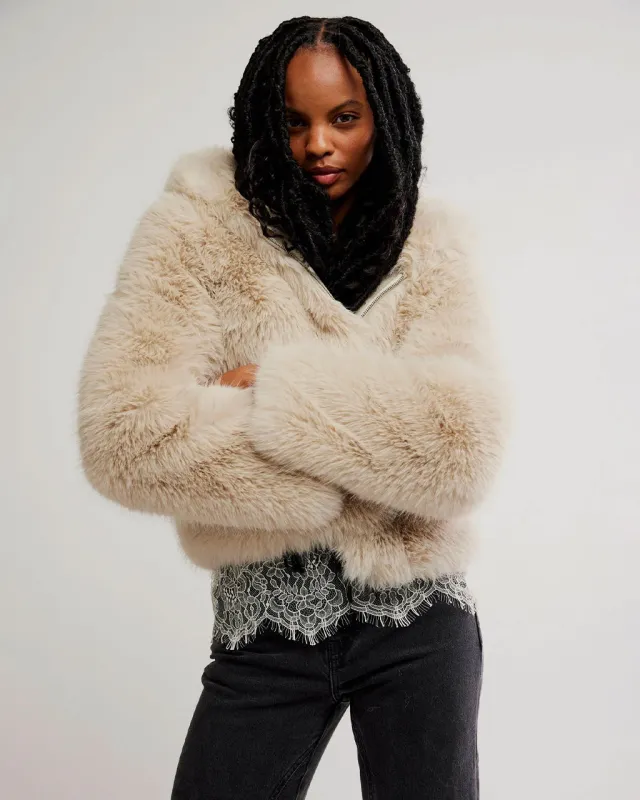 Louder Please Hooded Faux Fur Jacket - Ivory sold by ban.do
