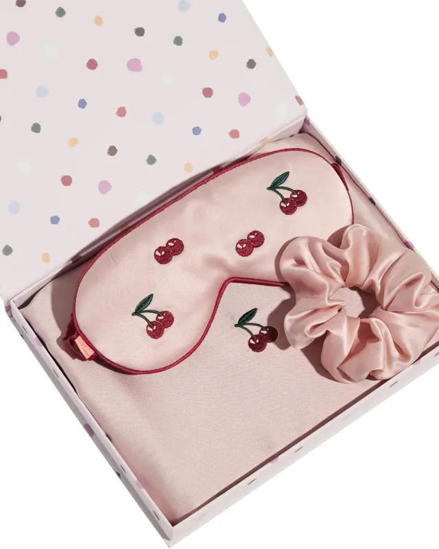 Lost Cherries 3 Piece Silk Gift Set - Pillowcase, Sleep Eye Mask + Scrunchie sold by ban.do
