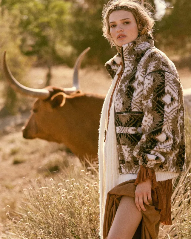 Bear Creek Geo-Print Fleece Zip-Front Jacket - Taupe sold by ban.do