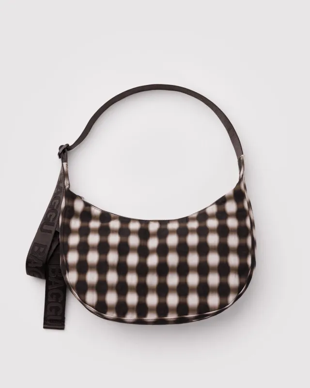Medium Nylon Crescent Bag w/ Key Leash - Blurred Gingham Brown made by BAGGU