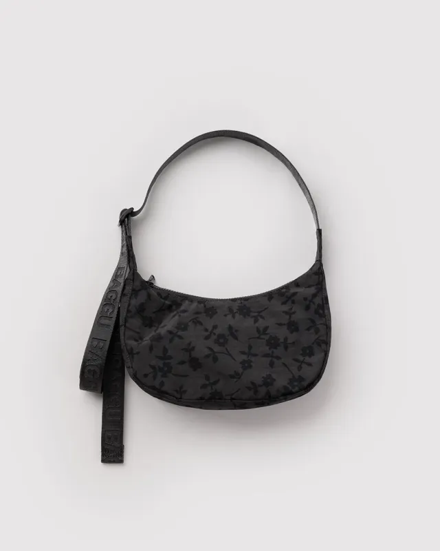 Small Nylon Crescent Bag w/ Key Leash - Charcoal Ditsy Floral made by BAGGU