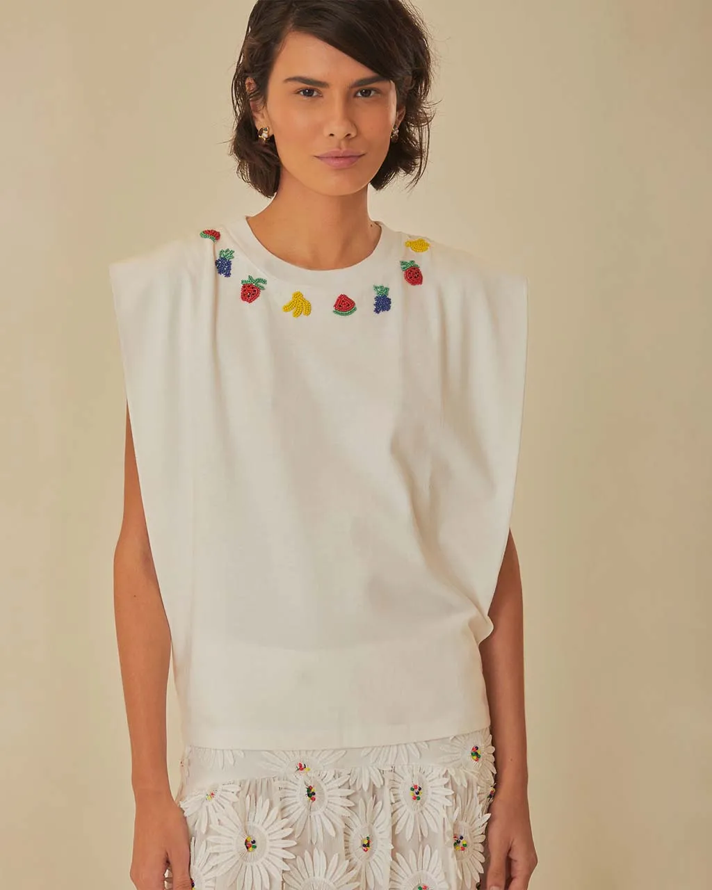 White Beaded Fruits Organic Cotton T-Shirt sold by ban.do