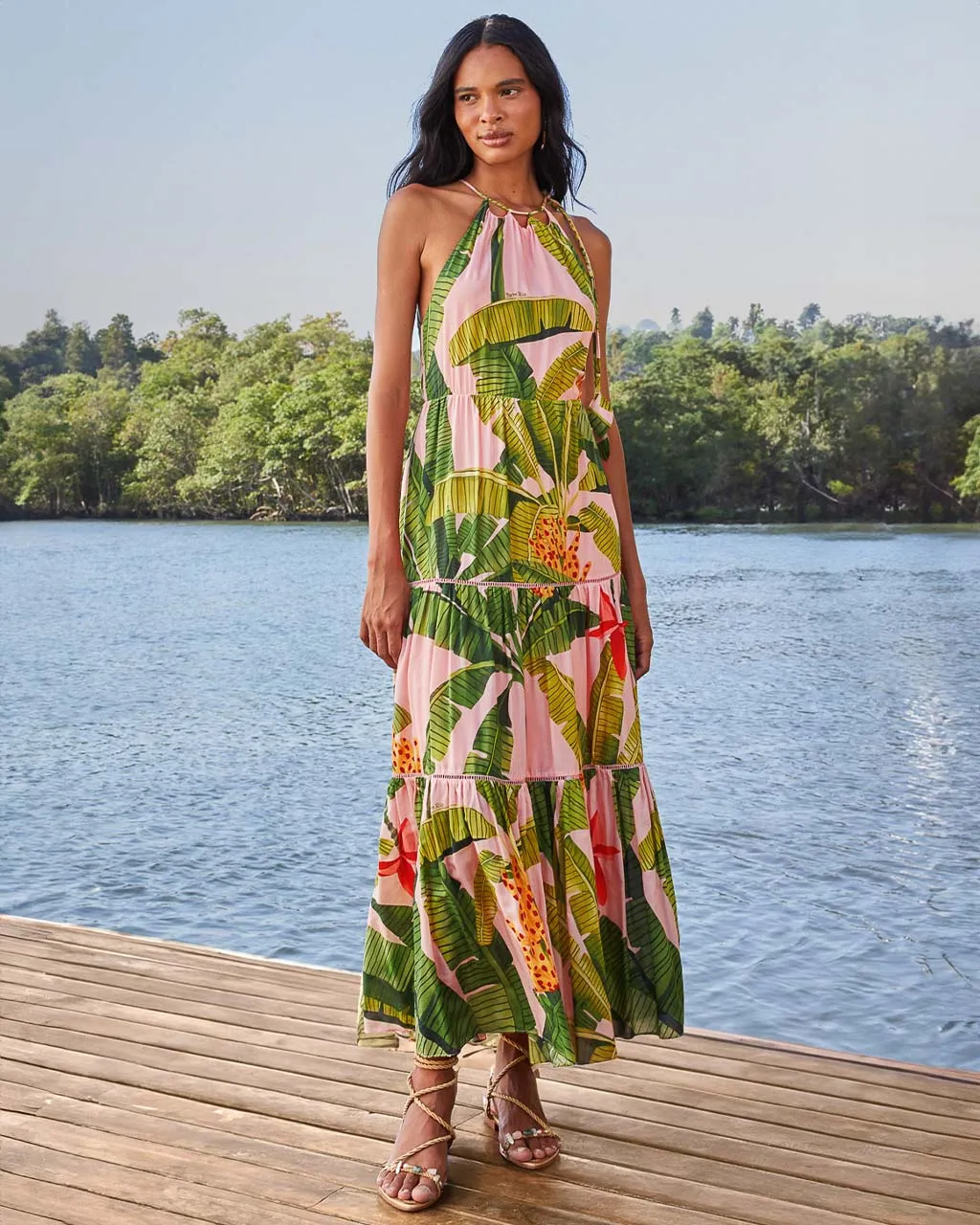 Pink Banana Leaves Sleeveless Maxi Dress sold by ban.do