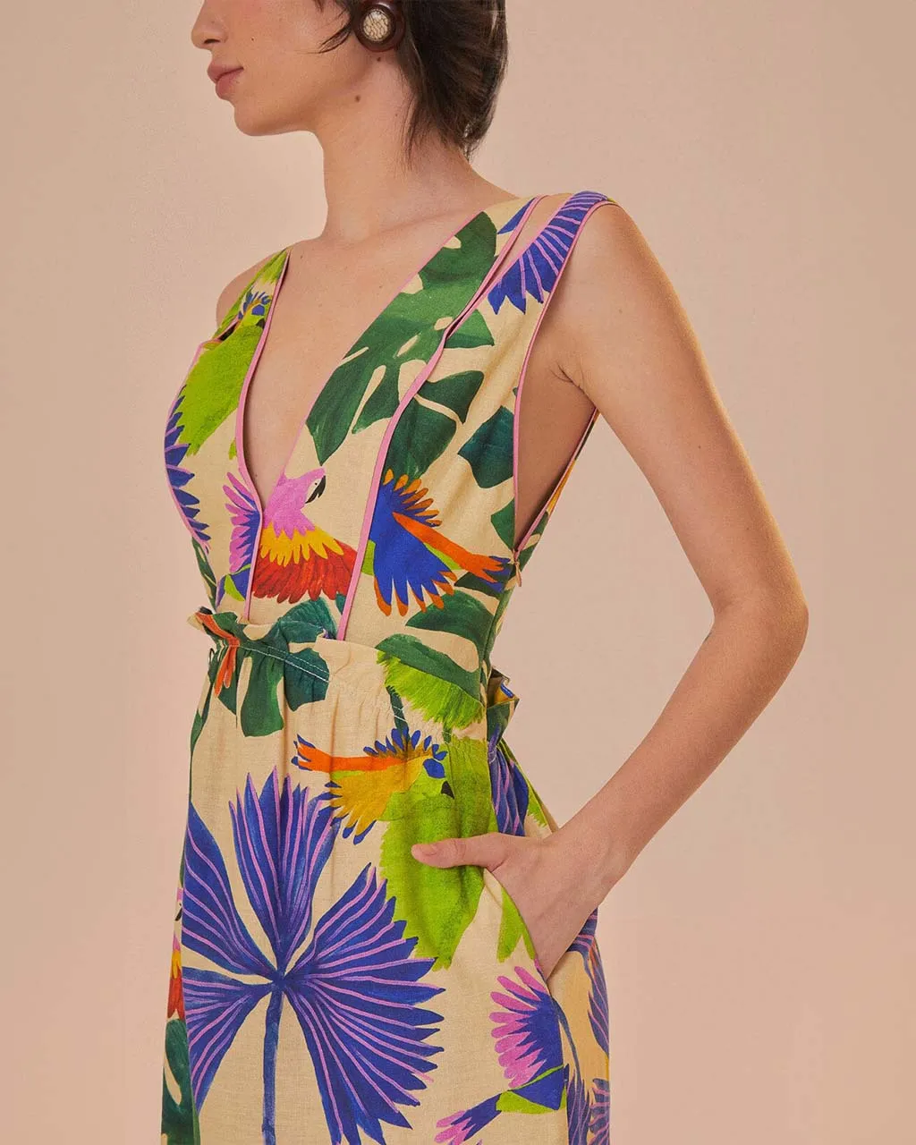 Sand Macaw Jungle V Neck Midi Dress sold by ban.do product image thumbnail 3