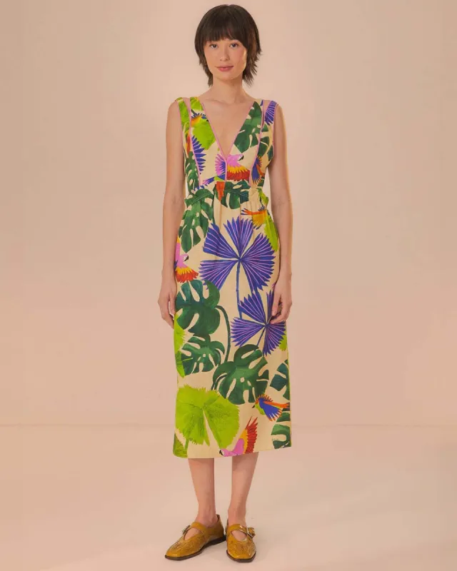 Sand Macaw Jungle V Neck Midi Dress sold by ban.do