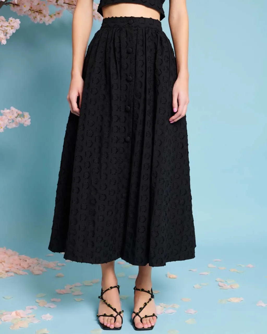 Mara Jacquard Midi Skirt - Coal Black sold by ban.do