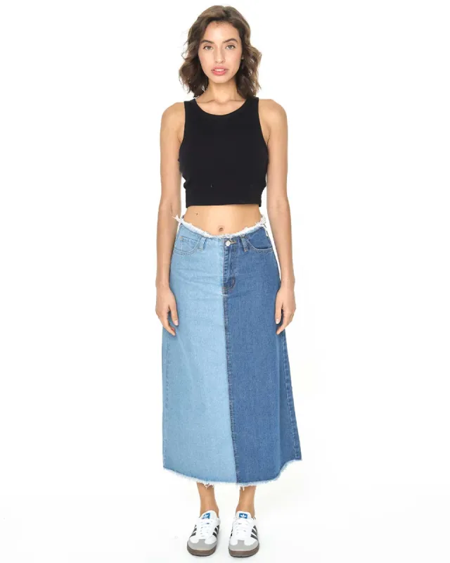 Cyan Denim Maxi Skirt sold by ban.do
