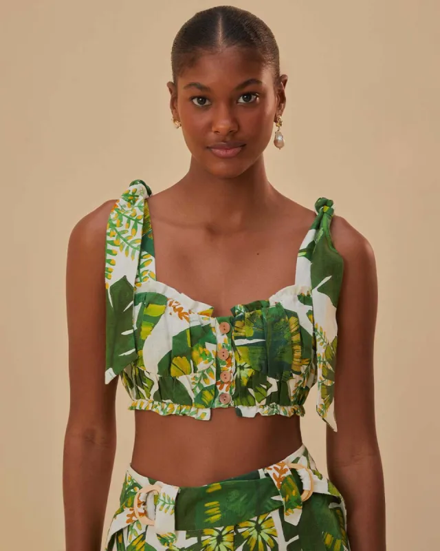 Tropical Forest Off-White Knot Sleeveless Crop Top sold by ban.do