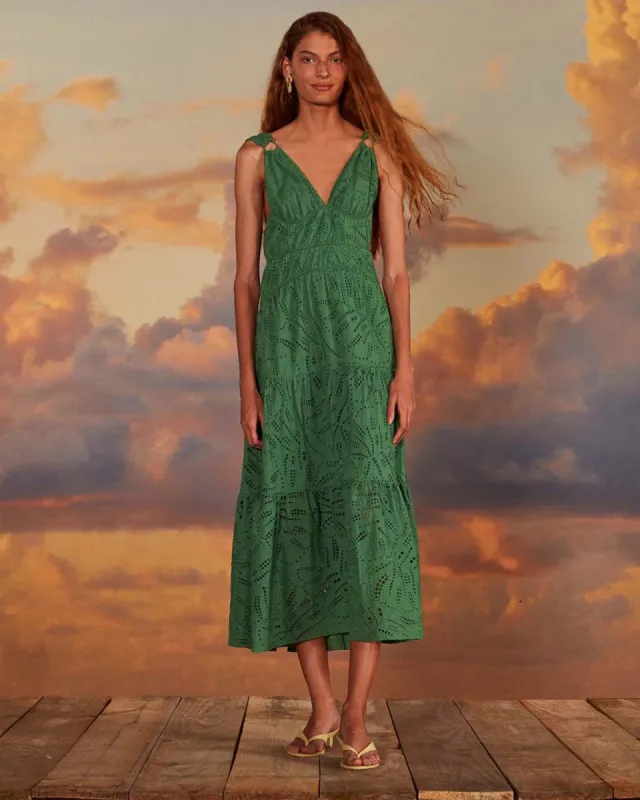 Green Monstera Corset Eyelet Maxi Dress sold by ban.do