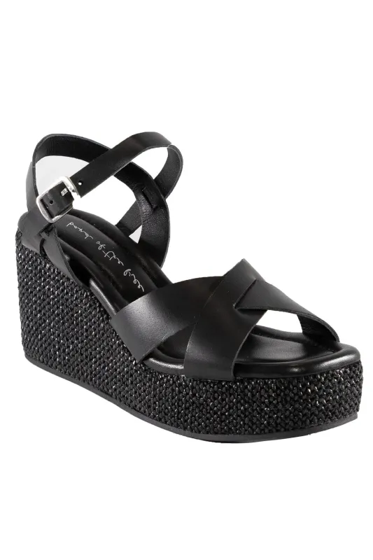 Antares Black Leather Wedge Strappy Sandal sold by Band of Gypsies