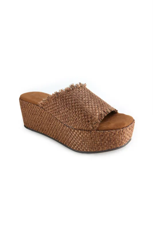 Wren Cognac Raffia Platform Slide sold by Band of Gypsies