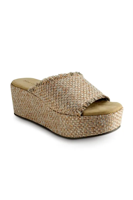 Wren Tan Woven Raffia Platform Slide sold by Band of Gypsies