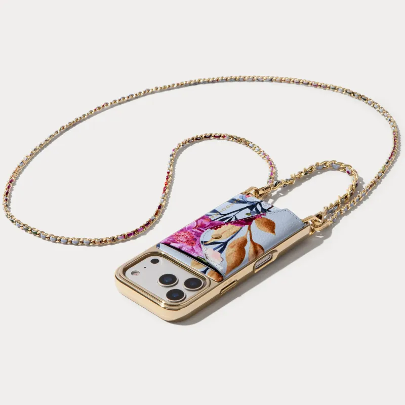 Lily Chrome Side Slot Leather Crossbody Bandolier Set - Ceci Blue Floral Chrome/Gold made by Bandolier