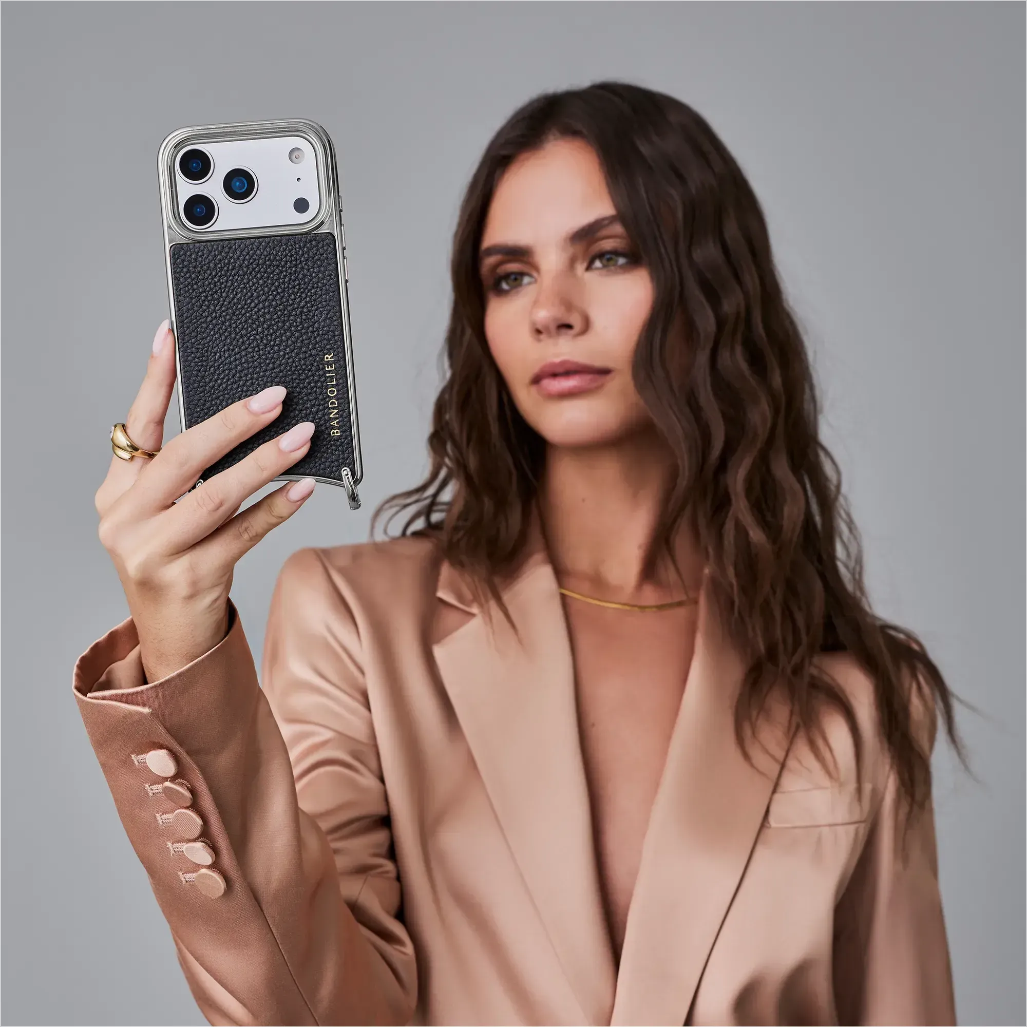 Rayna Chrome Crossbody Phone Case - Black/Chrome Silver sold by Bandolier product image thumbnail 5