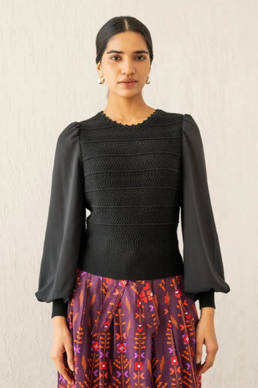 Rosie Crochet Crewneck Black sold by Banjanan