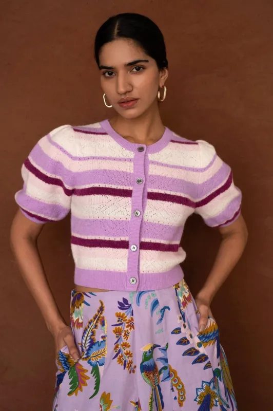 Brushed Stripe Cardigan Lilac sold by Banjanan