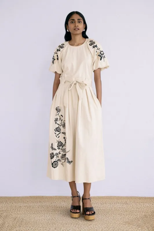 Tobias Skirt Floral Embroidery Oyster sold by Banjanan