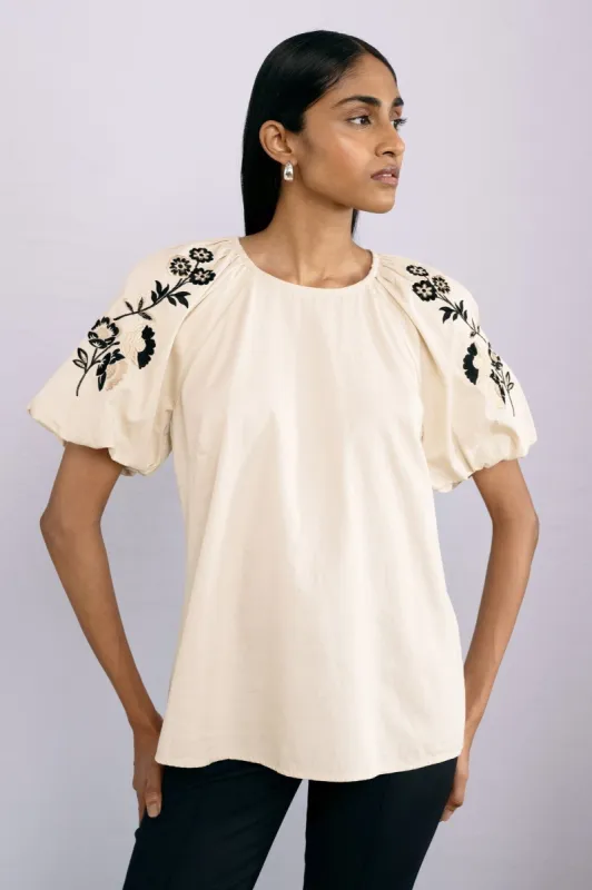 Santos Top Floral Embroidery Oyster sold by Banjanan