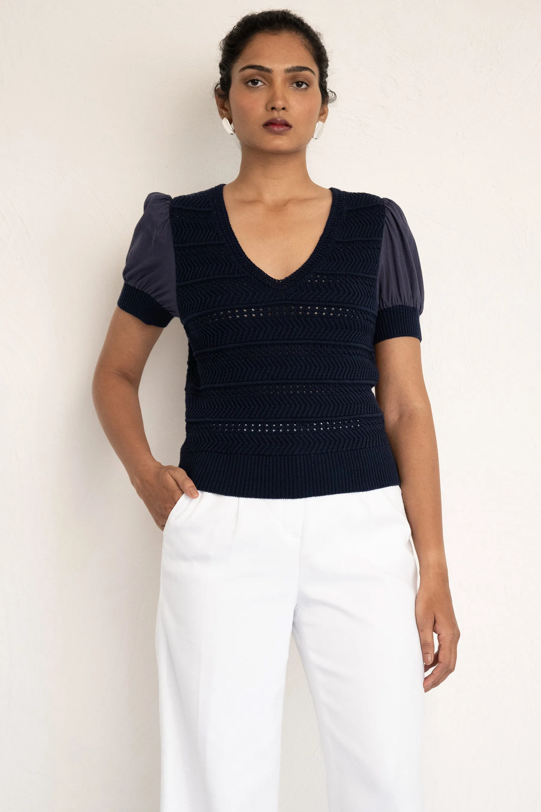 Patti V-Neck Oxford Sweater sold by Banjanan