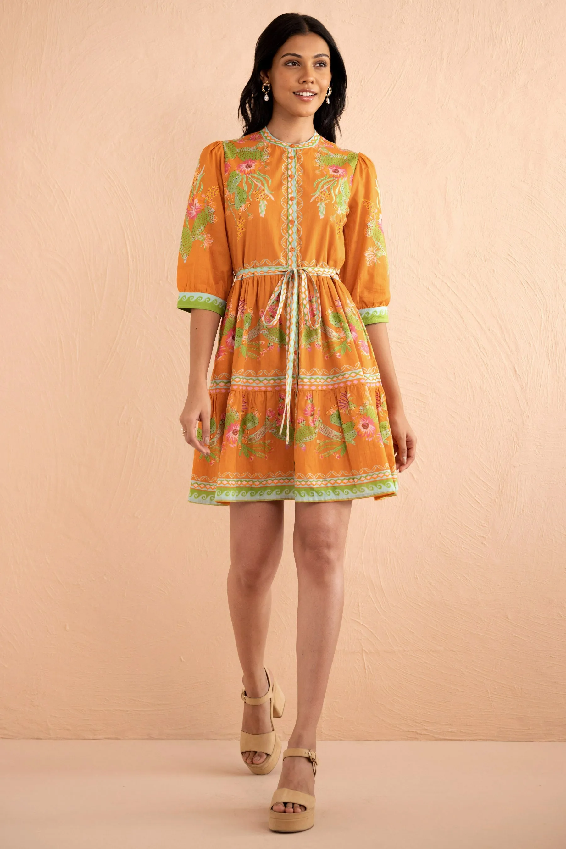 Gizela Dress Calypso Cacti Caramel sold by Banjanan