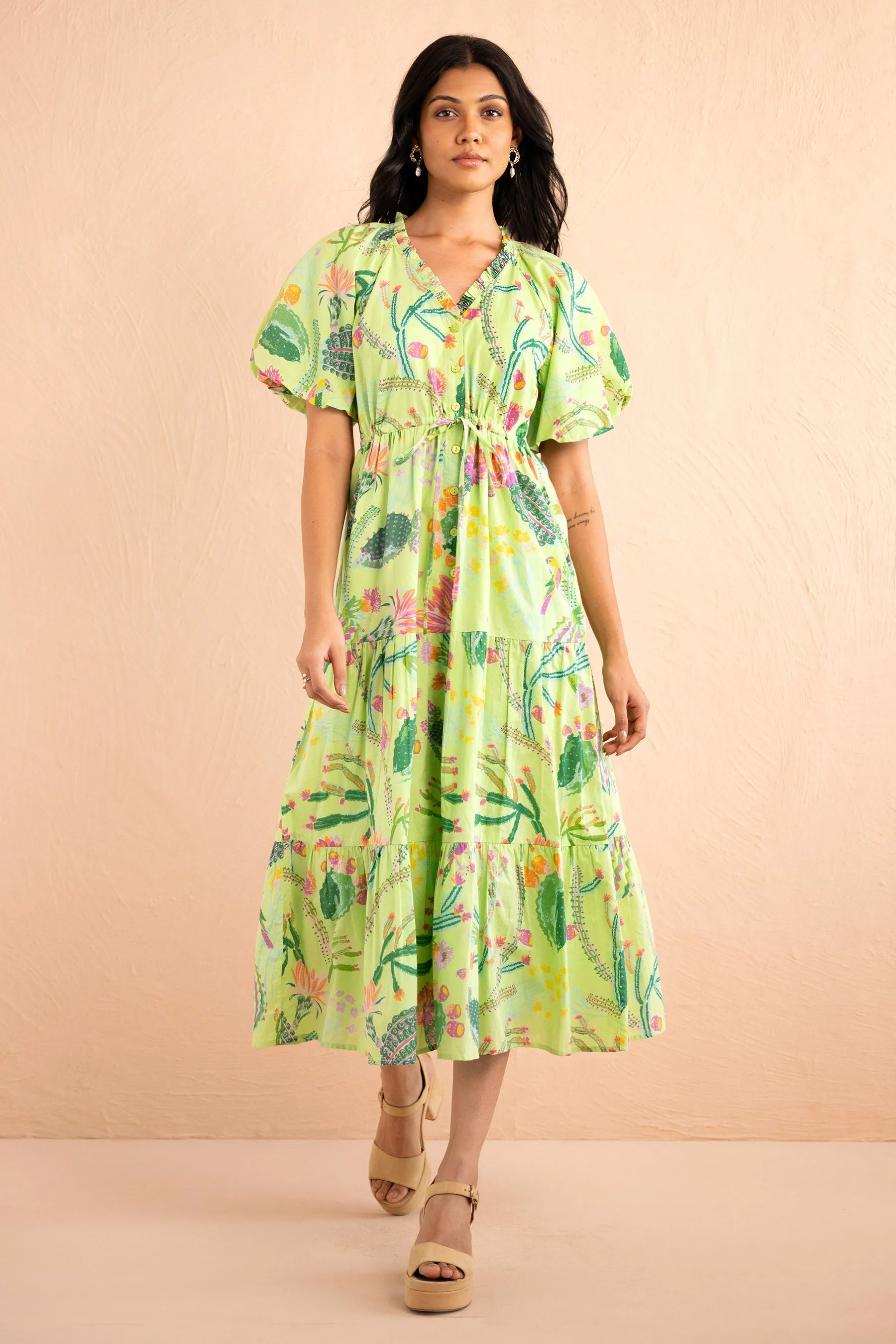 Poppy Dress Calypso Cacti Jade sold by Banjanan