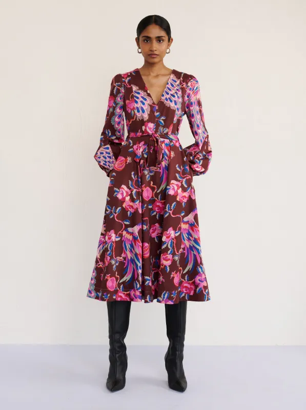 Zora Dress Bukhara Peacock Rum sold by Banjanan