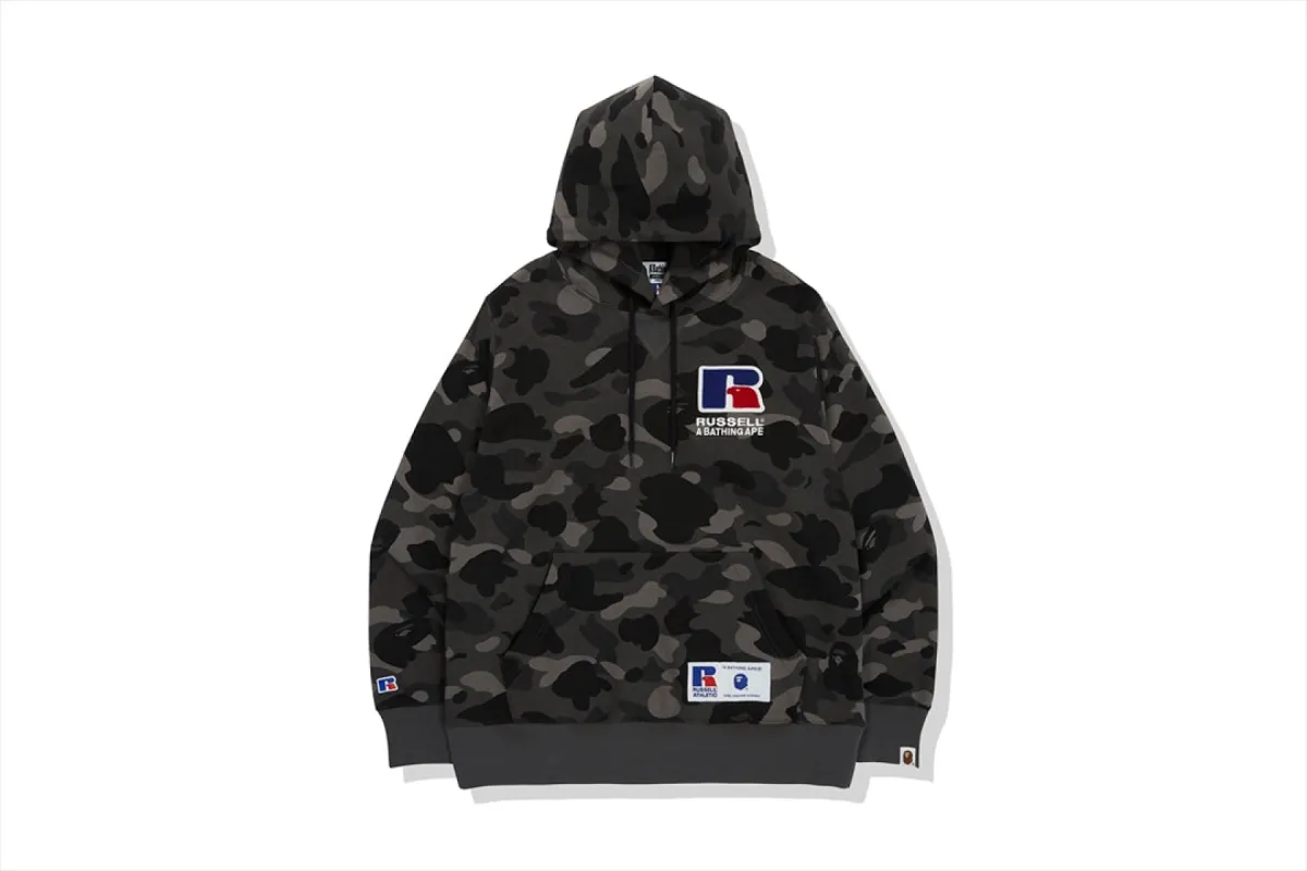 【 BAPE X RUSSELL 】 COLOR CAMO COLLEGE PULLOVER HOODIE sold by Bape