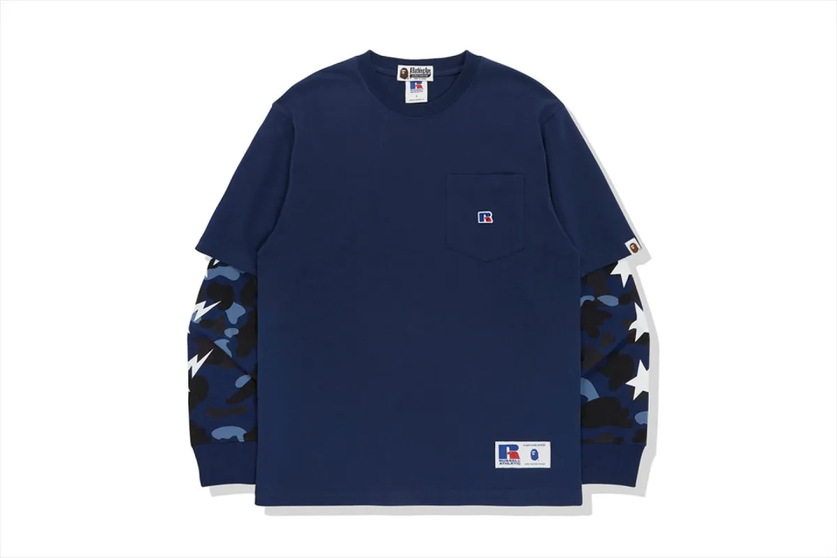 【 BAPE X RUSSELL 】COLOR CAMO COLLEGE LAYERD L/S TEE made by Bape