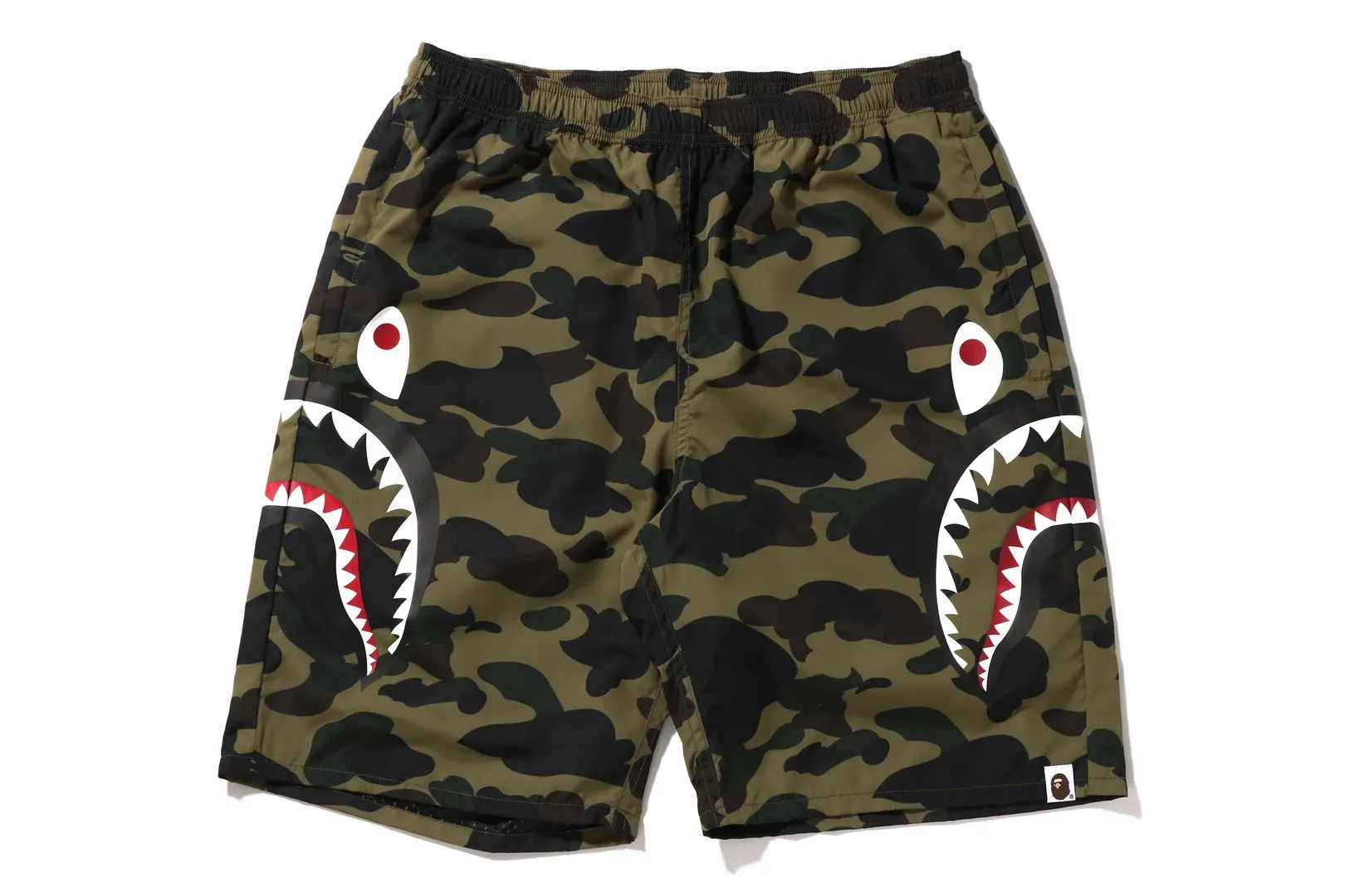 1ST CAMO SIDE SHARK BEACH SHORTS sold by Bape