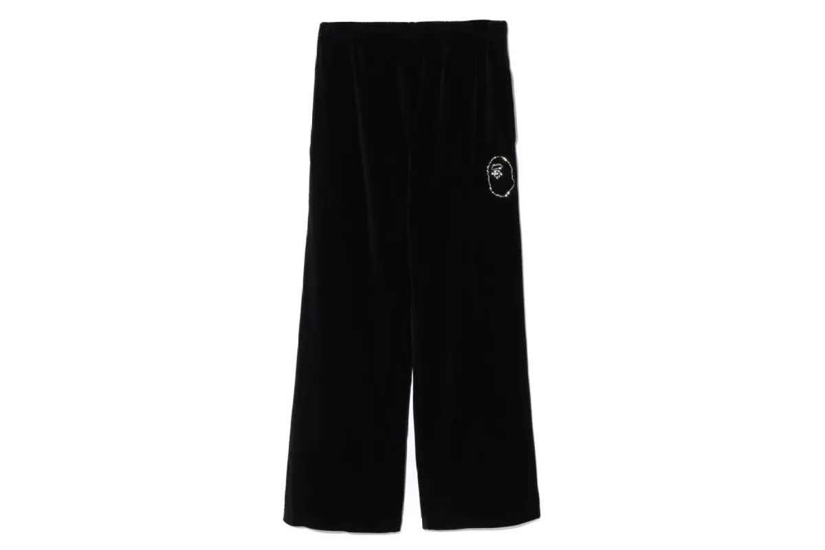 CRYSTAL STONE APE HEAD VELOUR WIDE PANTS made by Bape