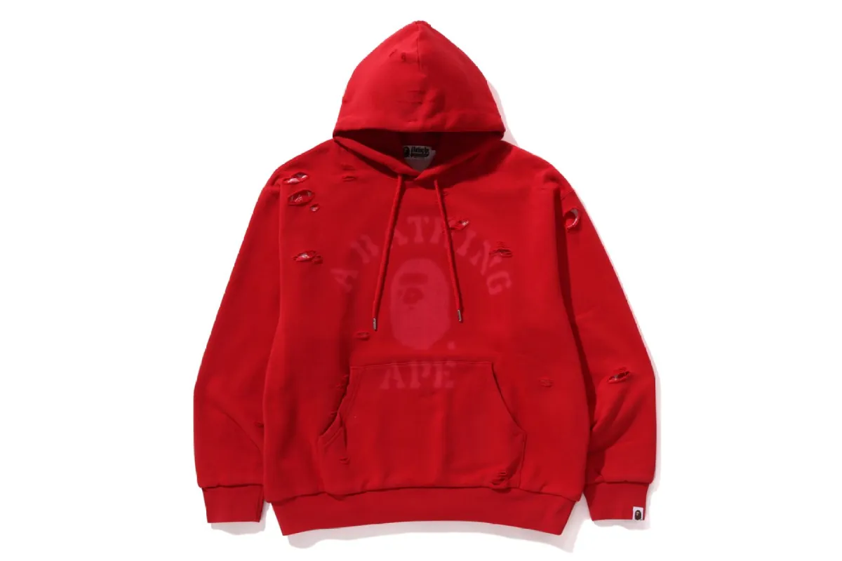 DESTROYED COLLEGE RELAXED FIT LAYERED PULLOVER HOODIE sold by Bape