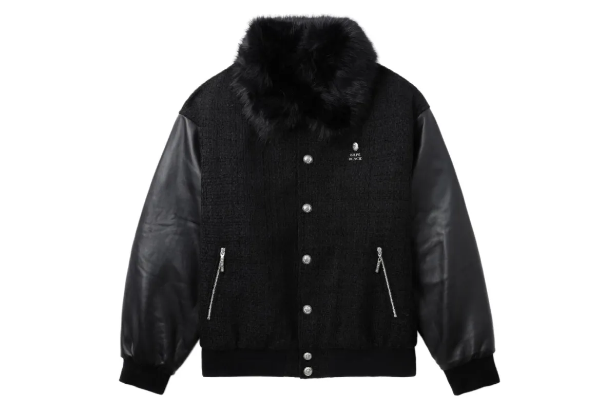 BAPE BLACK LEATHER SLEEVE TWEED JACKET sold by Bape