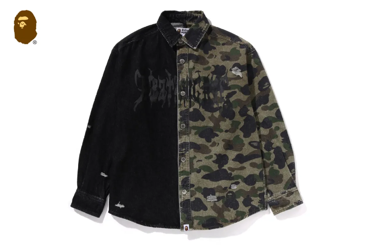 1ST CAMO BLOCKING DESTORYED HEAVY WASH LOGO LS SHIRT sold by Bape