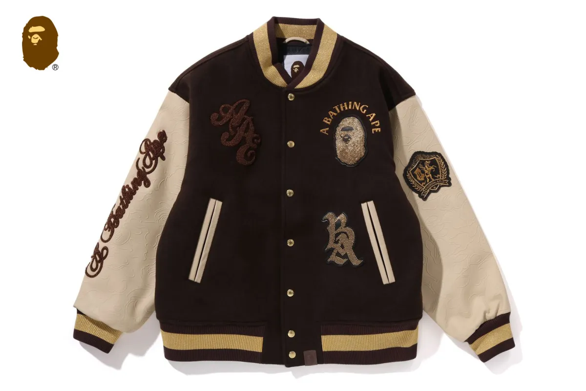 LINE CAMO MULTI LOGO WOOL VARSITY JACKET sold by Bape