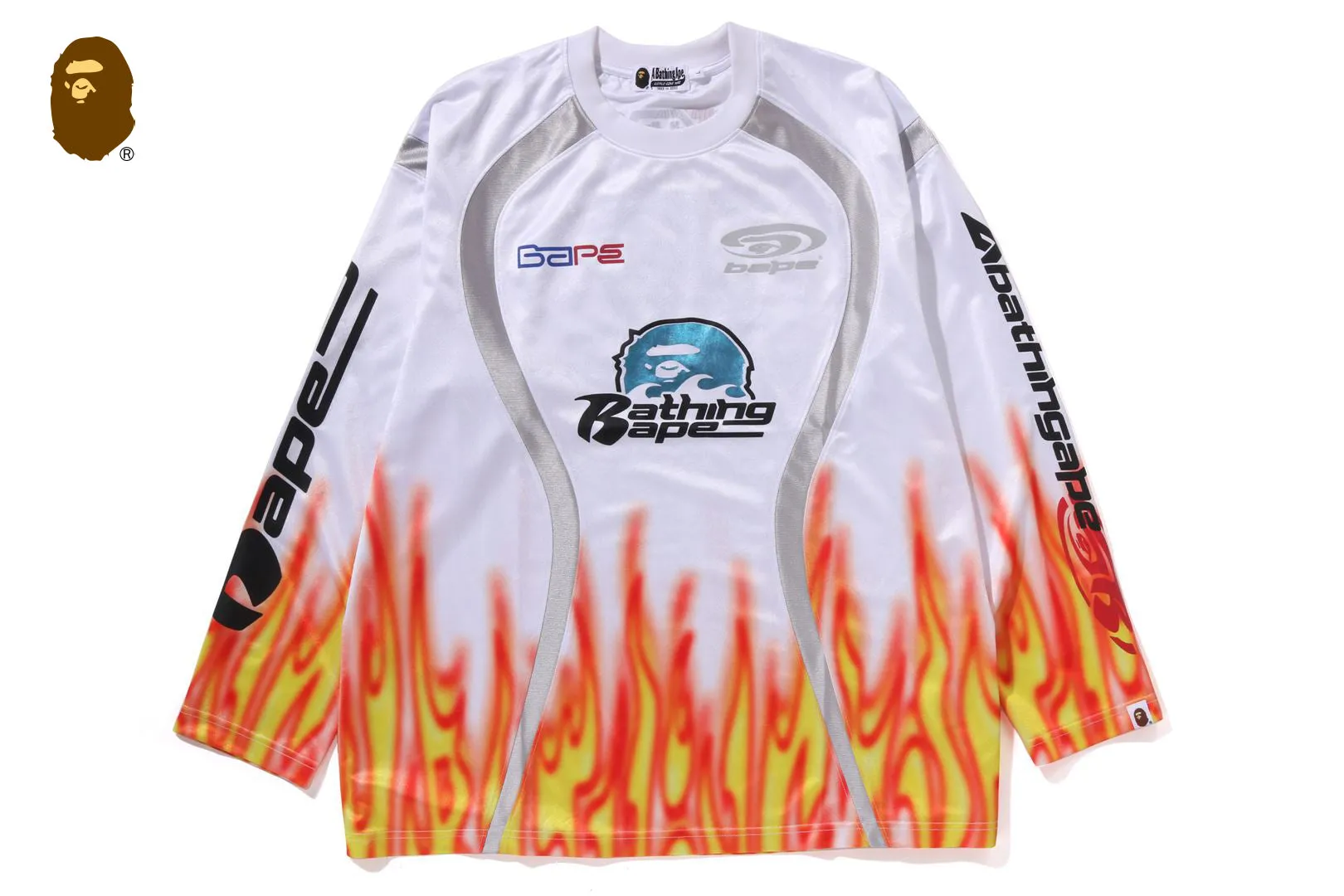 FLAME PATTERN MULTILOGO RELAXED FIT FOOTBALL JERSEY sold by Bape