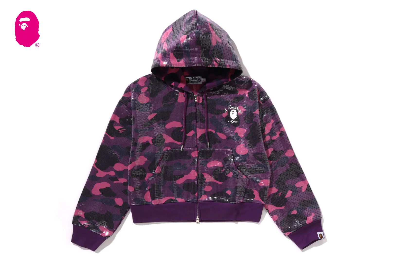 COLOR CAMO APE HEAD SEQUIN CROPPED FULL ZIP HOOOIE sold by Bape