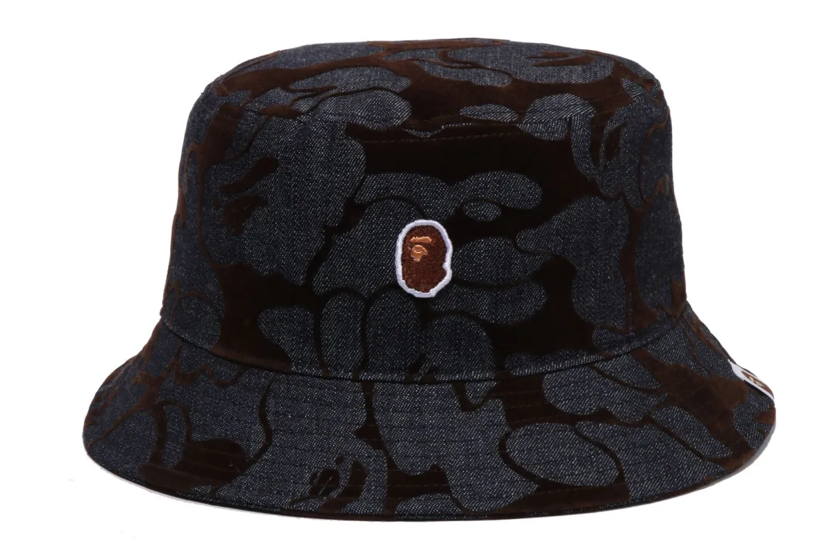 CAMO FLOCKED DENIM ONE POINT BUCKET HAT sold by Bape