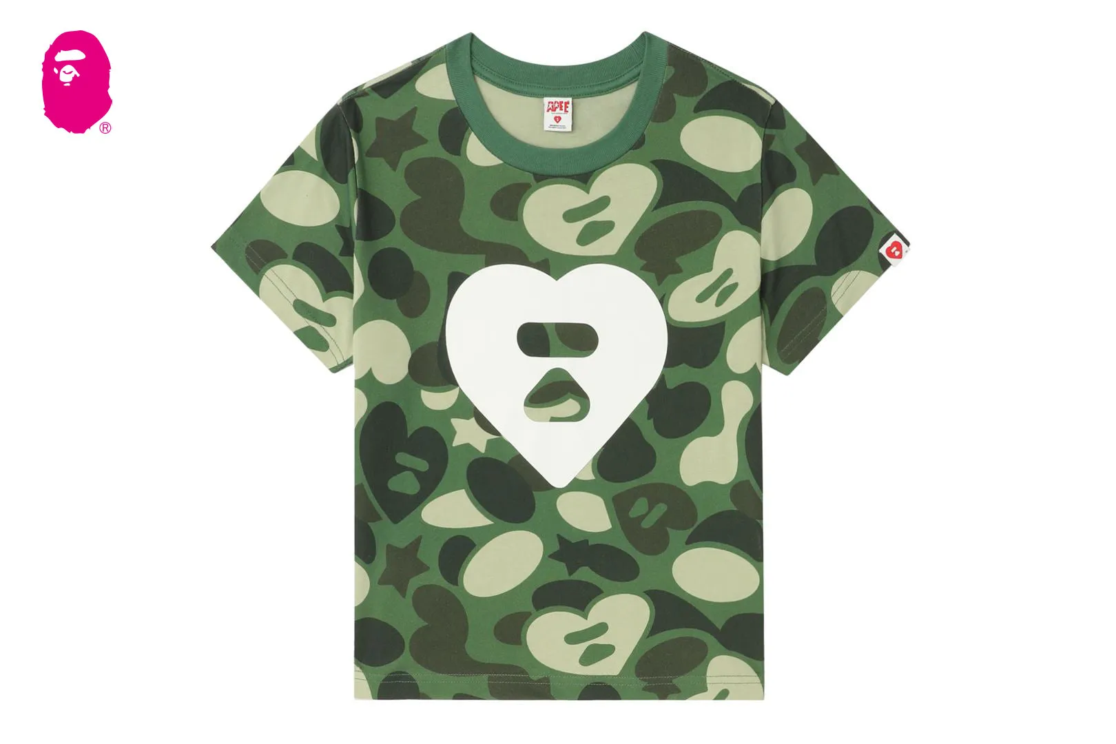 CAMO MONOGRAM BIG HEART PRINT CROP TEE sold by Bape