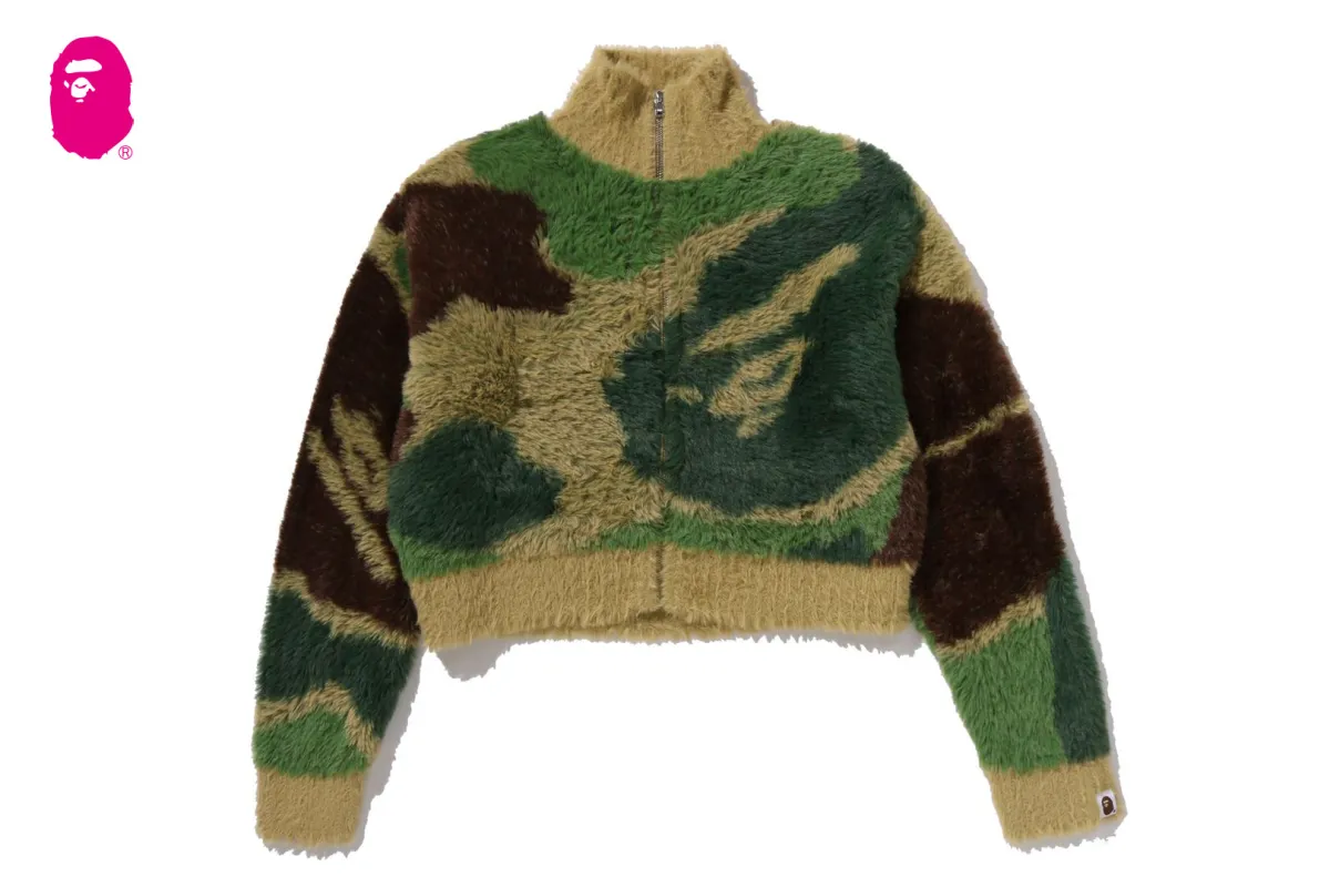 MEGA ABC CAMO LONG FUR MOCKNECK CROPPED ZIP CARDIGAN sold by Bape