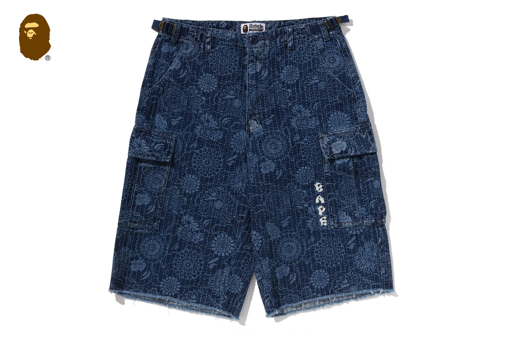 JAPANESE INDIGO ART CAMO JUNGLE DENIM RELAXED FIT CARGO SHORTS sold by Bape