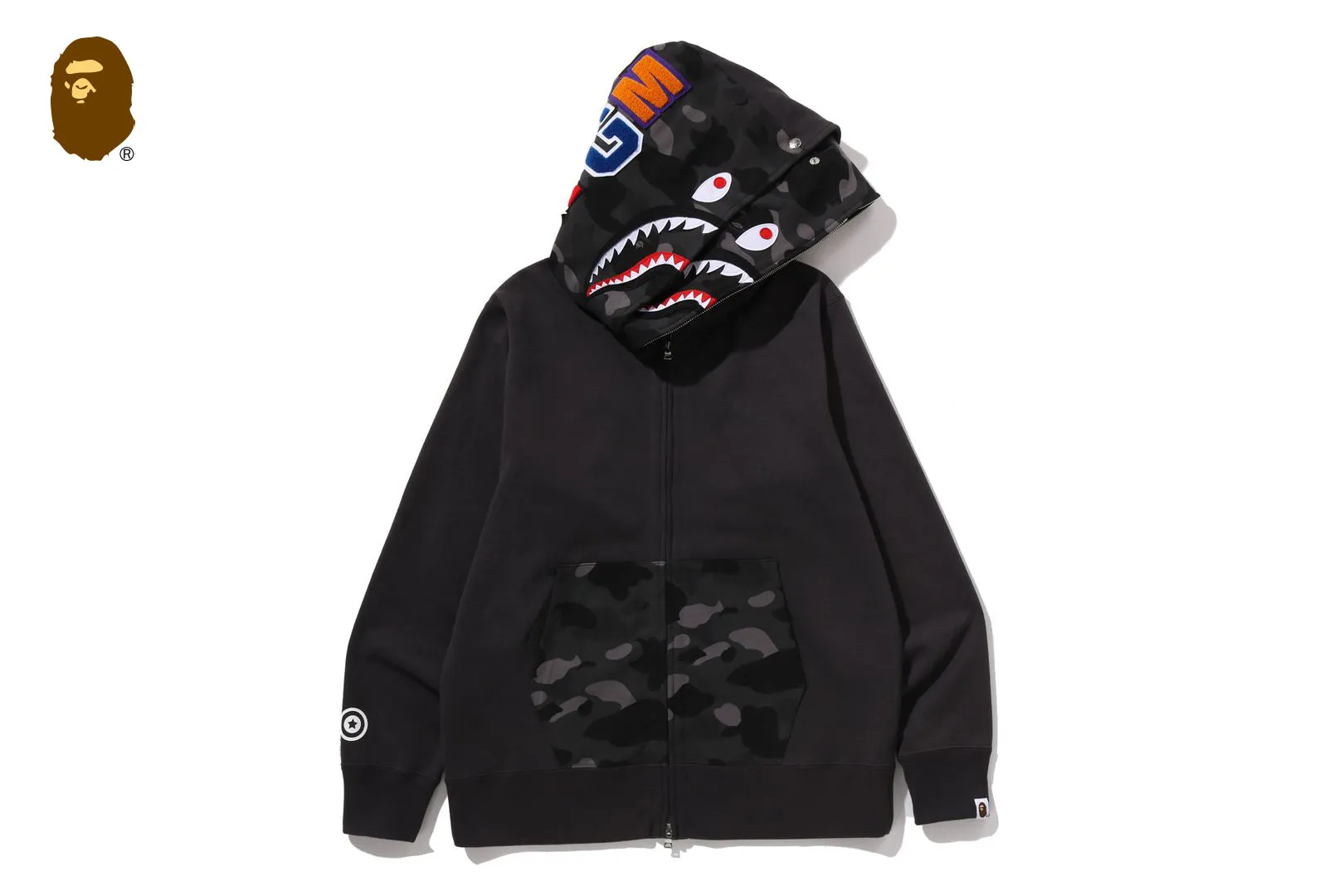 COLOR CAMO SHARK FULL ZIP DOUBLE HOODIE sold by Bape
