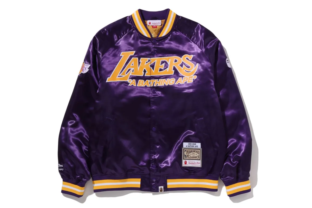 【 BAPE X M&N NBA 】LOS ANGELES LAKERS SATIN JACKET made by Bape