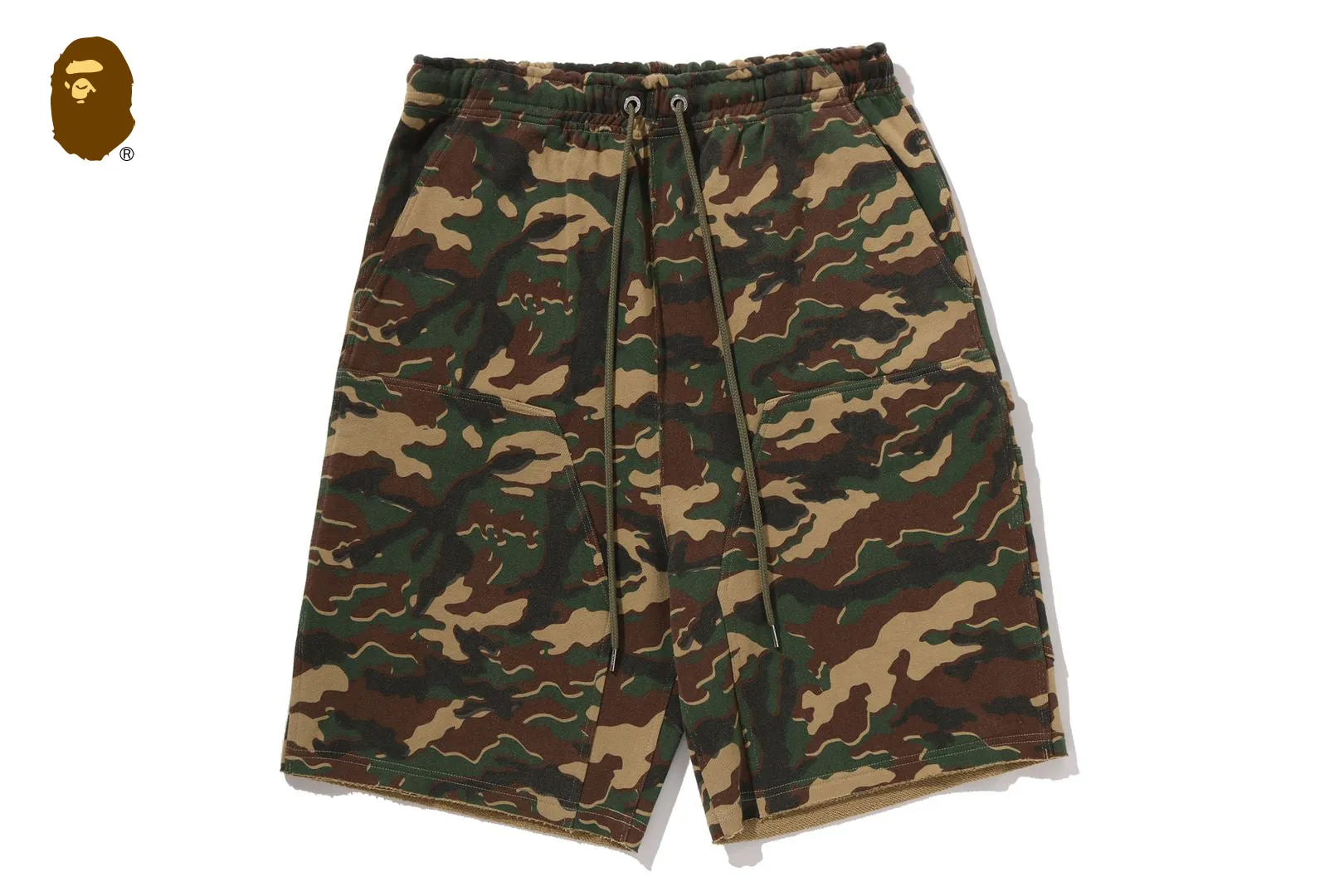 GLITCH WOODLAND CAMO DOUBLE KNEE RELAXED FIT SWEAT SHORTS sold by Bape