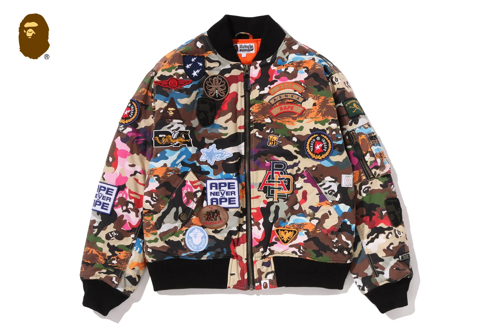HYBRID CAMO MULTI BADGE PADDED MA-1 sold by Bape