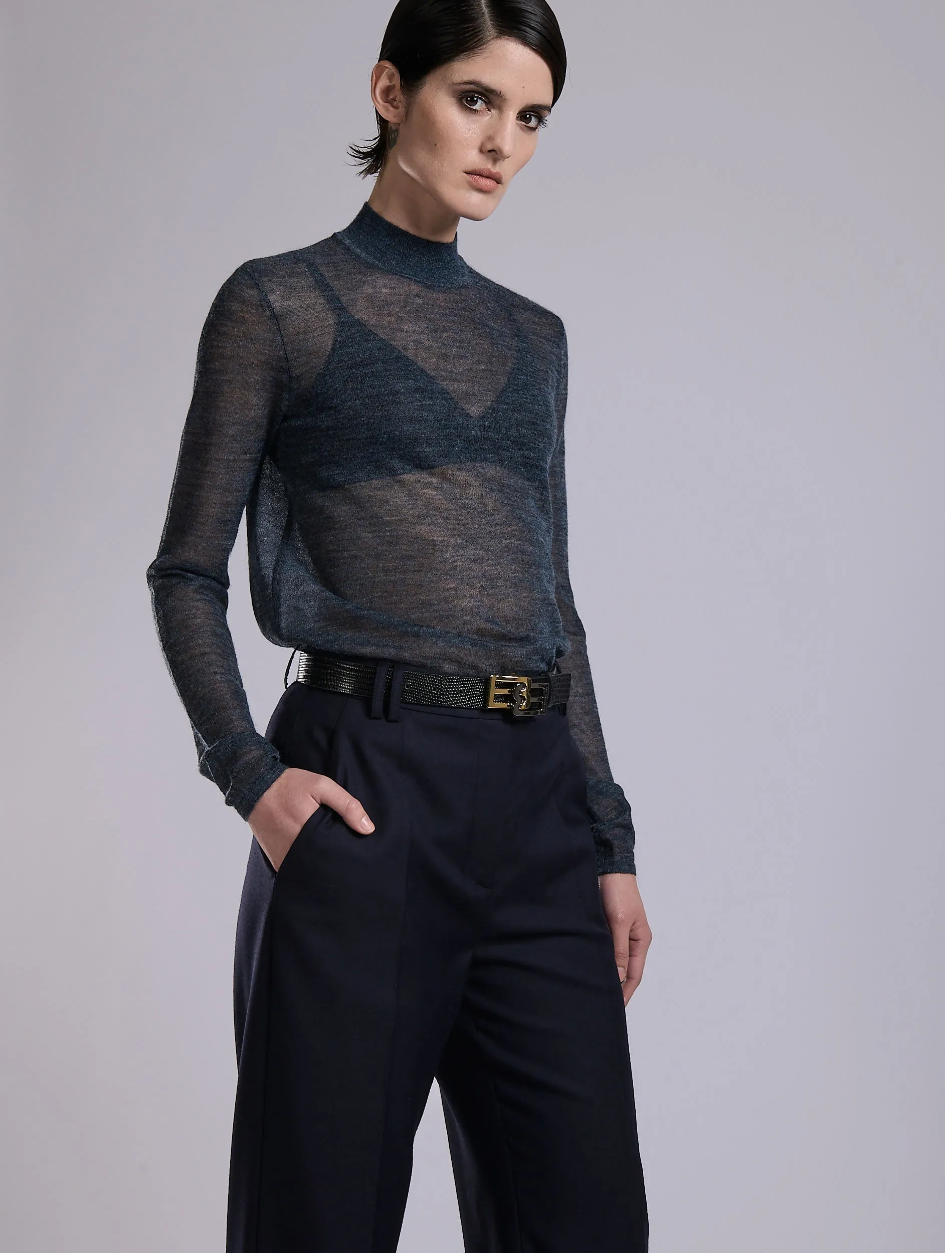 Pull col montant en maille voile marine sold by Barbara Bui