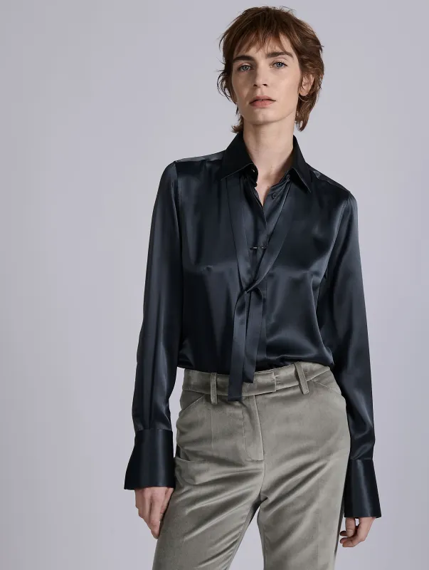 Chemise lavallière en satin de soie grise sold by Barbara Bui