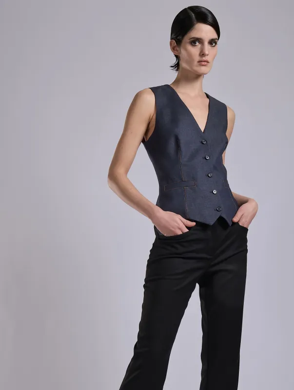 Gilet de costume bimatière aspect denim sold by Barbara Bui